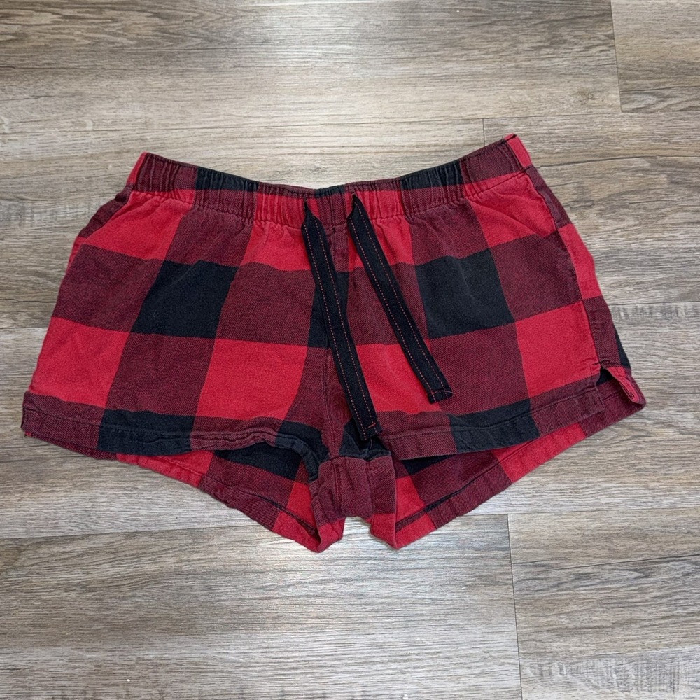Old Navy Black Red Buffalo Plaid Flannel Pajama Shorts Womens M Elastic Waist
